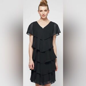 SLNY Black Georgette Ruffle Tiered Dress | Rhinestone Detail | Cocktail Party 16